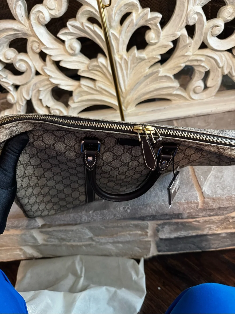 Gucci Beige GG Supreme Canvas Briefcase with Dark Brown Trim and COA